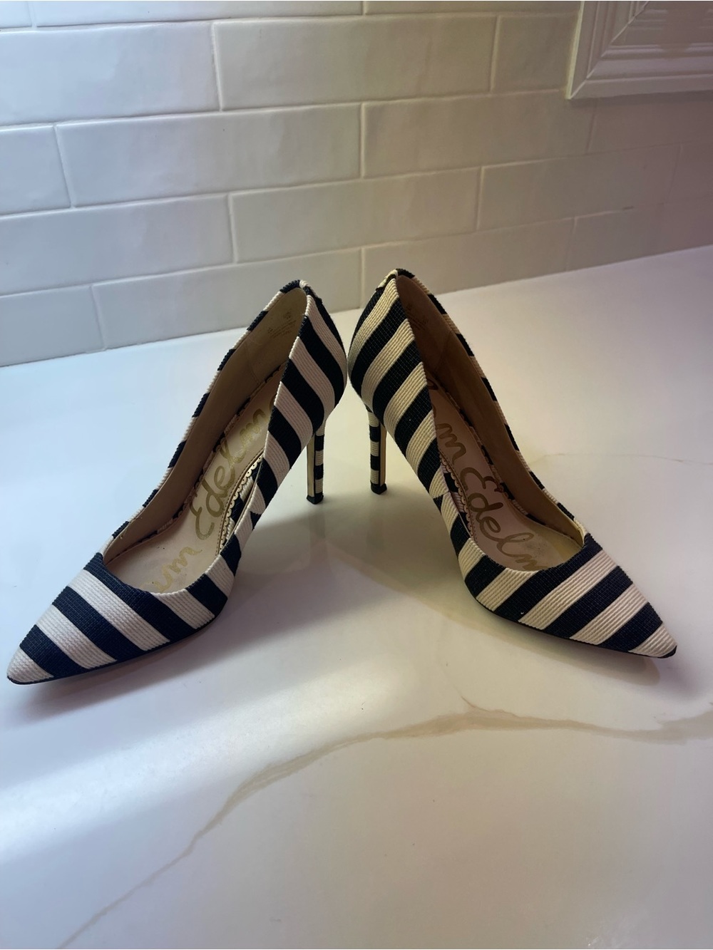 Sam Edelman Black and White Striped Pointed-Toe Pumps - Picture 2 of 3